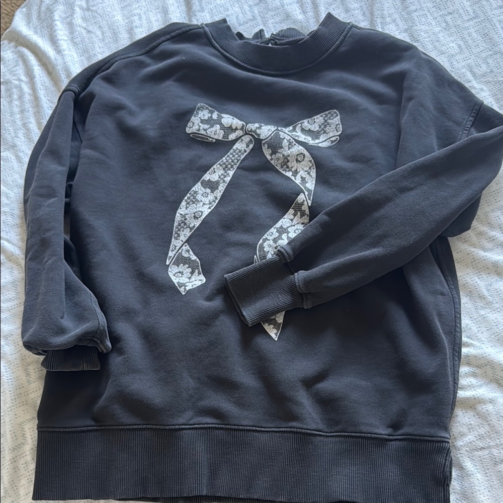 Aerie Black Crew Neck Sweater with Floral Bow fits like a M/L